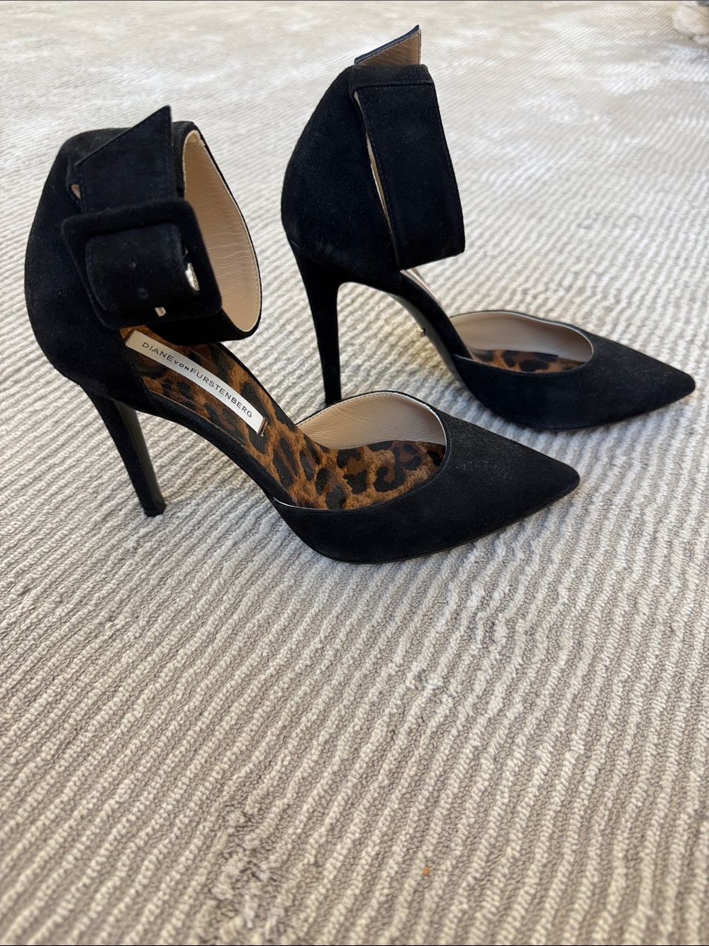 Diane Von Furstenberg Black Suede Pointed Ankle-Strap Heels with Leopard Insole